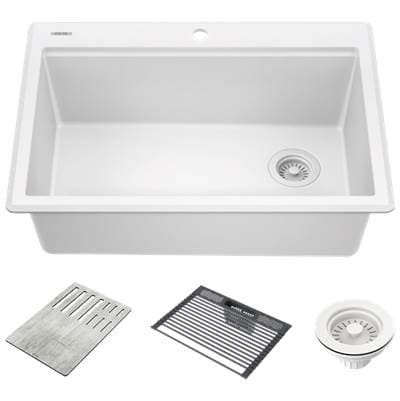 EverestE 30'' Granite Composite Workstation Kitchen Sink Drop-In Top Mount Single Bowl with WorkFlowE Ledge and Accessories in White