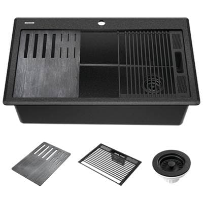 EverestE 33'' Granite Composite Workstation Kitchen Sink Drop-In Top Mount Single Bowl with WorkFlowE Ledge and Accessories in Metallic Black