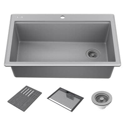 EverestE 33'' Granite Composite Workstation Kitchen Sink Drop-In Top Mount Single Bowl with WorkFlowE Ledge and Accessories in Dark Grey