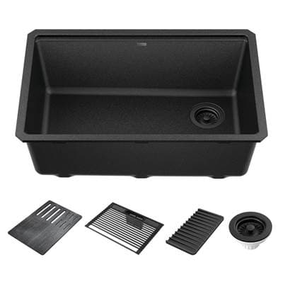 EverestE 30'' Granite Composite Workstation Kitchen Sink Undermount Single Bowl with WorkFlowE Ledge and Accessories in Metallic Black