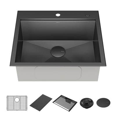 RivetE 25'' Workstation Kitchen Sink Drop-In Top Mount 16 Gauge Stainless Steel Single Bowl in PVD Gunmetal Finish with WorkFlowE Ledge and Accessories