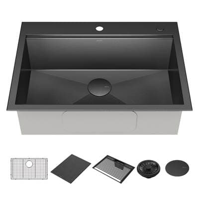 RivetE 30'' Workstation Kitchen Sink Drop-In Top Mount 16 Gauge Stainless Steel Single Bowl in PVD Gunmetal Finish with WorkFlowE Ledge and Accessories by Delta Faucet