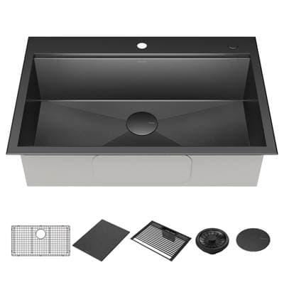 RivetE 33'' Workstation Kitchen Sink Drop-In Top Mount 16 Gauge Stainless Steel Single Bowl in PVD Gunmetal Finish with WorkFlowE Ledge and Accessories