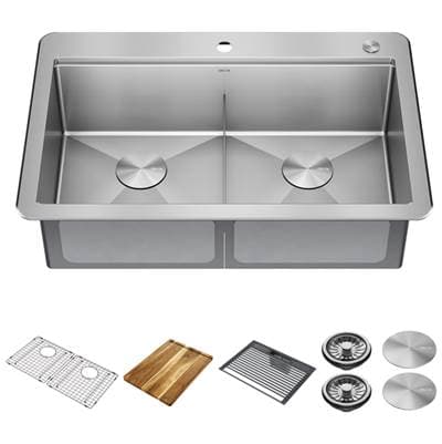 LorelaiE 33'' Workstation Kitchen Sink Drop-In Top Mount 16 Gauge Stainless Steel Double Bowl with WorkFlowE Ledge and Accessories
