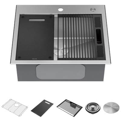 RivetE 25'' Workstation Kitchen Sink Drop-In Top Mount 16 Gauge Stainless Steel Single Bowl with WorkFlowE Ledge and Accessories