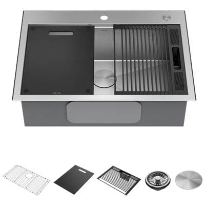 RivetE 30'' Workstation Kitchen Sink Drop-In Top Mount 16 Gauge  Stainless Steel Single Bowl with WorkFlowE Ledge and Accessories