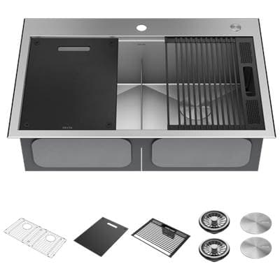 RivetE 33'' Workstation Kitchen Sink Drop-In Top Mount 16 Gauge Stainless Steel 50/50 Double Bowl with WorkFlowE Ledge and Accessories