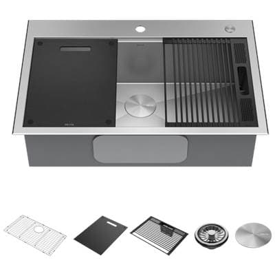 RivetE 33'' Workstation Kitchen Sink Drop-In Top Mount 16 Gauge Stainless Steel Single Bowl with WorkFlowE Ledge and Accessories
