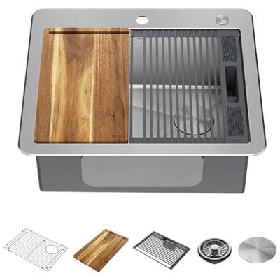 LorelaiE 25'' Workstation Kitchen Sink Drop-In Top Mount 16 Gauge Stainless Steel Single Bowl with WorkFlowE Ledge and Accessories by Delta Faucet