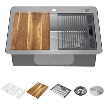LorelaiE 30'' Workstation Kitchen Sink Drop-In Top Mount 16 Gauge Stainless Steel Single Bowl with WorkFlowE Ledge and Accessories