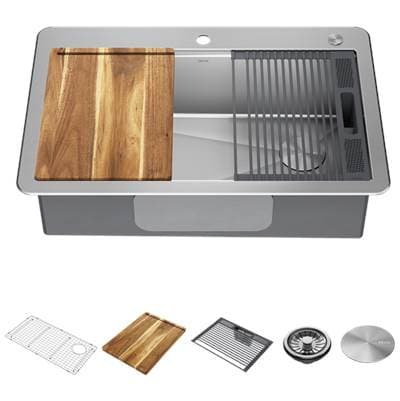 LorelaiE 33'' Workstation Kitchen Sink Drop-In Top Mount 16 Gauge Stainless Steel Single Bowl with WorkFlowE Ledge and Accessories by Delta Faucet