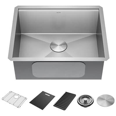RivetE 23'' Workstation Kitchen Sink Undermount 16 Gauge Stainless Steel Single Bowl with WorkFlowE Ledge and Accessories by Delta Faucet
