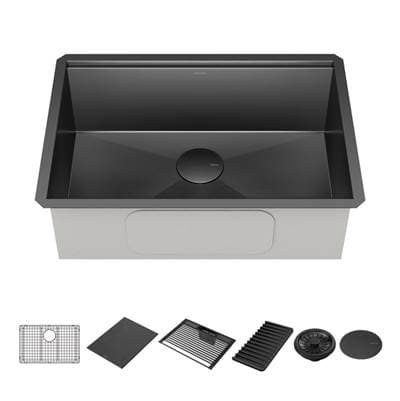 RivetE 27'' Workstation Kitchen Sink Undermount 16 Gauge Stainless Steel Single Bowl in PVD Gunmetal Finish with WorkFlowE Ledge and Accessories