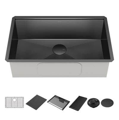 RivetE 30'' Workstation Kitchen Sink Undermount 16 Gauge Stainless Steel Single Bowl in PVD Gunmetal Finish with WorkFlowE Ledge and Accessories by Delta Faucet