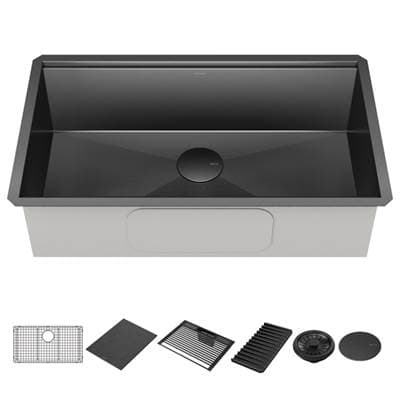 RivetE 32'' Workstation Kitchen Sink Undermount 16 Gauge Stainless Steel Single Bowl in PVD Gunmetal Finish with WorkFlowE Ledge and Accessories by Delta Faucet