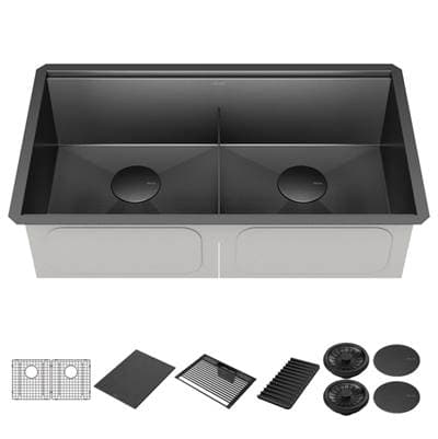 RivetE 33'' Workstation Kitchen Sink Undermount 16 Gauge Stainless Steel Double Bowl in PVD Gunmetal Finish with WorkFlowE Ledge and Accessories