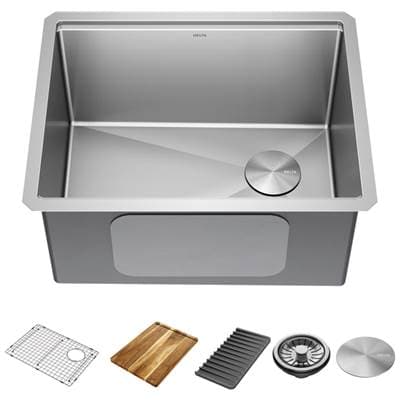 LorelaiE 24'' Workstation Laundry Utility Kitchen Sink Undermount 16 Gauge Stainless Steel Single Bowl with WorkFlowE Ledge and Accessories by Delta Faucet