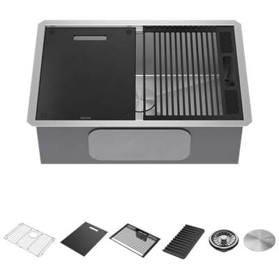 RivetE 27'' Workstation Kitchen Sink Undermount 16 Gauge Stainless Steel Single Bowl with WorkFlowE Ledge and Accessories by Delta Faucet
