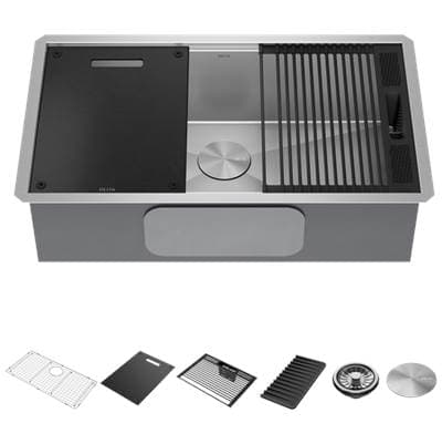 RivetE 32'' Workstation Kitchen Sink Undermount 16 Gauge Stainless Steel Single Bowl with WorkFlowE Ledge and Accessories by Delta Faucet