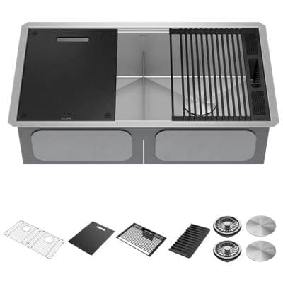 RivetE 33'' Workstation Kitchen Sink Undermount 16 Gauge Stainless Steel 50/50 Double Bowl with WorkFlowE Ledge and Accessories