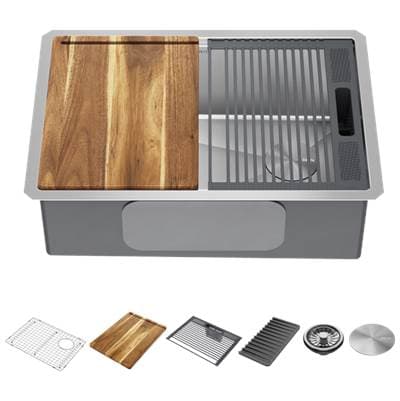 LorelaiE 27'' Workstation Kitchen Sink Undermount 16 Gauge Stainless Steel Single Bowl with WorkFlowE Ledge and Accessories by Delta Faucet