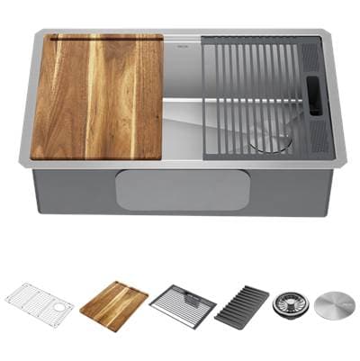 LorelaiE 30''  Workstation Kitchen Sink Undermount 16 Gauge Stainless Steel Single Bowl with WorkFlowE Ledge and Accessories