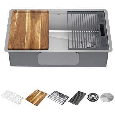 LorelaiE 32'' Workstation Kitchen Sink Undermount 16 Gauge Stainless Steel Single Bowl with WorkFlowE Ledge and Accessories by Delta Faucet