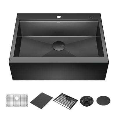 RivetE 30'' Workstation Kitchen Sink Farmhouse Apron Front 16 Gauge Stainless Steel Single Bowl in PVD Gunmetal Finish with WorkFlowE Ledge for Top Mount Drop-In Installation with Accessories by Delta Faucet