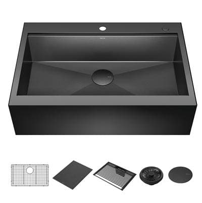 RivetE 33'' Workstation Kitchen Sink Farmhouse Apron Front 16 Gauge Stainless Steel Single Bowl in PVD Gunmetal Finish with WorkFlowE Ledge for Top Mount Drop-In Installation with Accessories