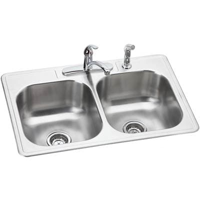 Dayton Stainless Steel 33'' x 22'' x 8-1/16'' 4-Hole Equal Double Bowl Drop-in Sink and Faucet Kit by Elkay