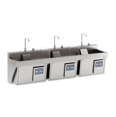 Stainless Steel 90''x23''x26'' Triple Station Surgical Scrub Sink Kit w/Spout+Drain+Water Knee Activation+SplashBlock