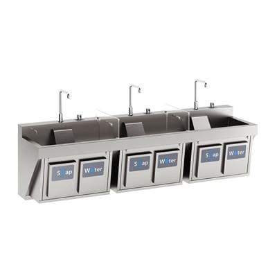 Stainless Steel 90''x23''x26'' Triple Station Surgical Scrub Sink Kit w/Spout+Drain+Soap&Water Knee Activation+SplashBlock by Elkay