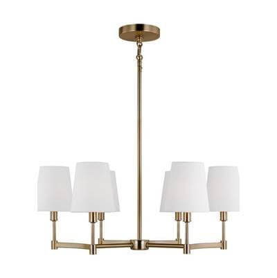 Chatfield Traditional 6-Light Indoor Dimmable Ceiling Chandelier Pendant Light In Satin Brass Gold Finish With White Linen Fabric Shades by Generation Lighting