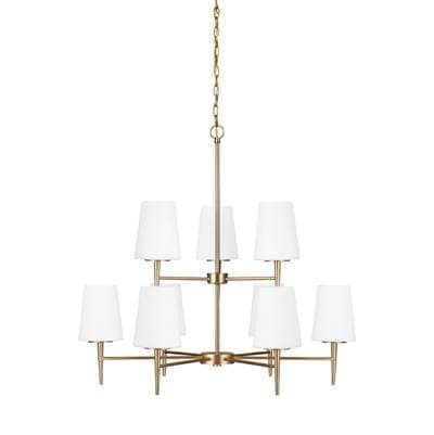 Driscoll Contemporary 9-Light Indoor Dimmable Ceiling Chandelier Pendant Light In Satin Brass Gold Finish With Cased Opal Etched Glass