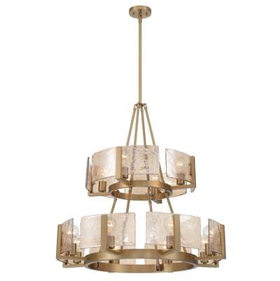 Yep By Golden Lighting Aenon 12-Light 2-Tier Chandelier (4 Plus 8) In Brushed Champagne Brass With Amber Water Glass
