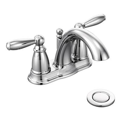 Brantford Two-Handle Low-Arc Centerset Bathroom Faucet with Drain Assembly, Chrome by Moen