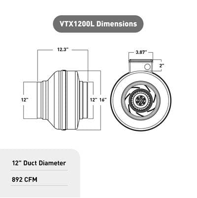 Atmosphere Vortex 12'' Inline Duct Blower Fan, 892 CFM, VTX1200L