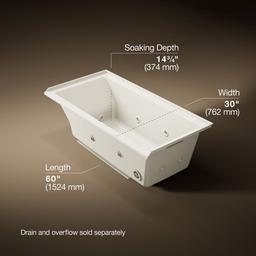 Kohler Underscore 60'' x 30'' drop-in/alcove heated whirlpool bath, right drain - Biscuit - image 3