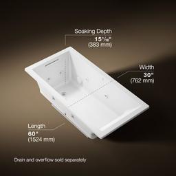 Kohler Underscore 60'' x 30'' drop-in Heated BubbleMassageE air bath with whirlpool - White - image 3