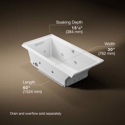 Kohler Underscore 60'' x 30'' alcove Heated BubbleMassageE air bath with whirlpool, left drain - White - image 3
