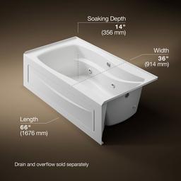 Kohler Mariposa 66'' x 36'' alcove whirlpool bath with Bask heated surface, right drain - White - image 3