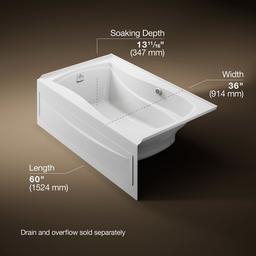 Kohler Mariposa 60'' x 36'' alcove Heated BubbleMassageE air bath with Bask heated surface, left drain - White - image 3