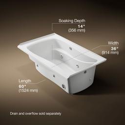 Kohler Mariposa 60'' x 36'' alcove heated whirlpool, right drain and heater - White - image 3