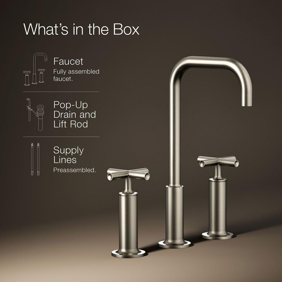 Kohler Purist Widespread bathroom sink faucet with Cross handles, 1.2 gpm - Vibrant Brushed Nickel by Kohler