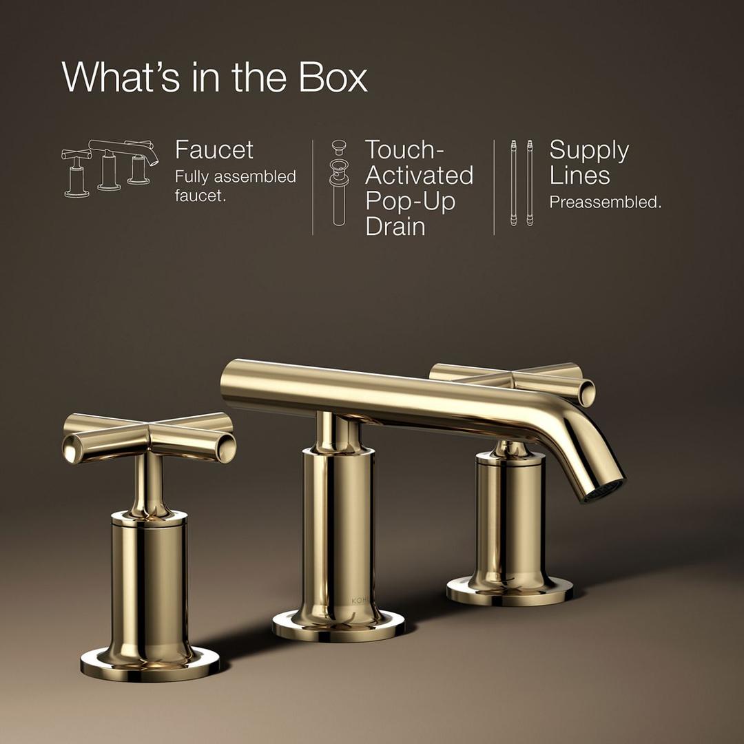 Kohler Purist Widespread bathroom sink faucet with cross handles, 1.2 gpm - Vibrant French Gold by Kohler