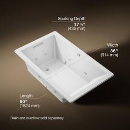 Kohler Underscore 60'' x 36'' drop-in Heated BubbleMassageE air bath with whirlpool - White - image 3