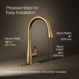 Kohler Simplice Touchless pull-down kitchen sink faucet with three-function sprayhead - Vibrant Brushed Moderne Brass - image 3