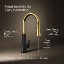 Kohler | Tone | Pull Down Kitchen Faucet - Matte Black With Brushed Moderne Brass - image 3