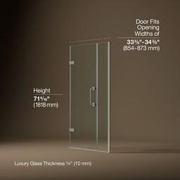 Kohler ComponentsE Frameless pivot shower door, 71-9/16'' H x 33-5/8 - 34-3/8'' W, with 3/8'' thick Crystal Clear glass - Anodized Brushed Nickel - image 3
