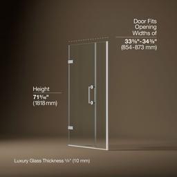 Kohler ComponentsE Frameless pivot shower door, 71-9/16'' H x 33-5/8 - 34-3/8'' W, with 3/8'' thick Crystal Clear glass - Bright Polished Silver - image 3